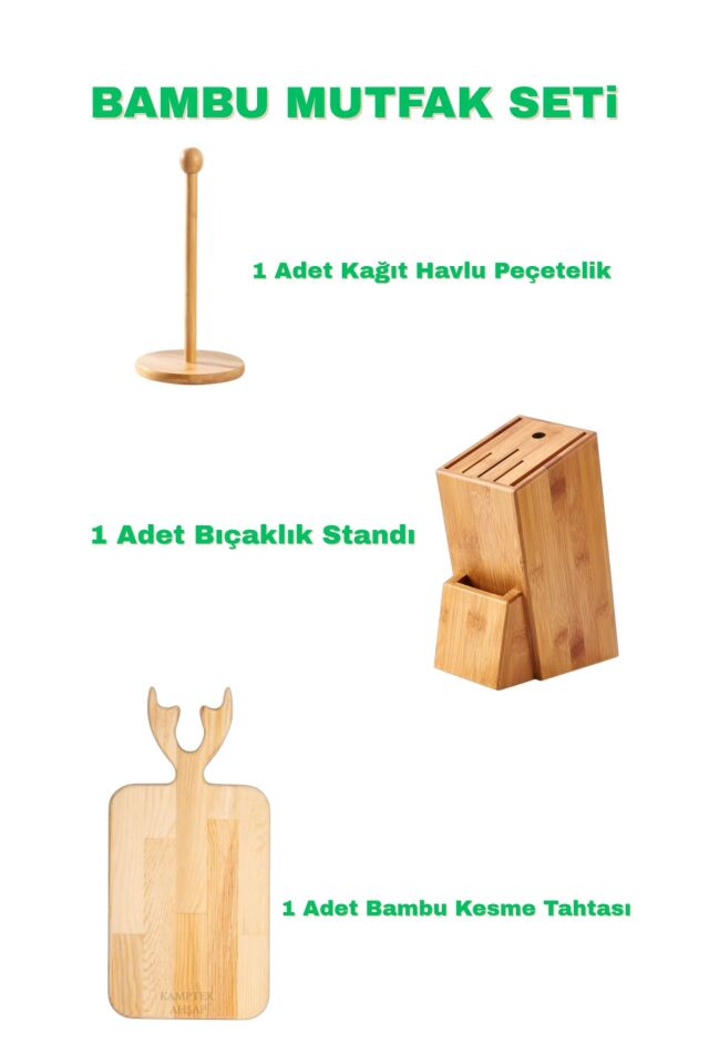 Bambu Mutfak Seti Bıçaklık Standı Kesme Tahtası Havlu Peçetelik