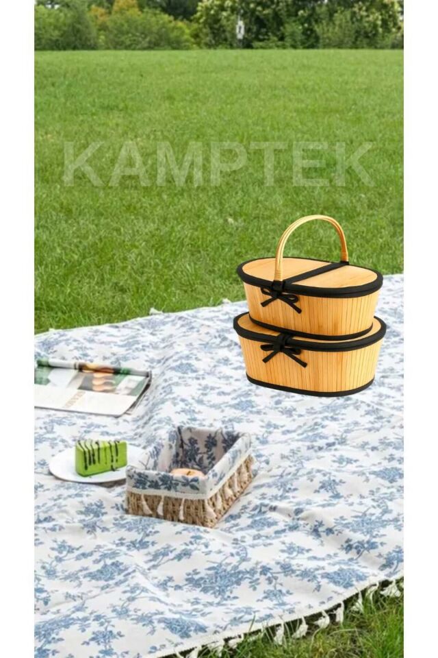 KAMPTEK AHŞAP BAMBU 2'Lİ PİKNİK KAMP SEPETİ BÜYÜK KÜÇÜK BOY 2 ADET