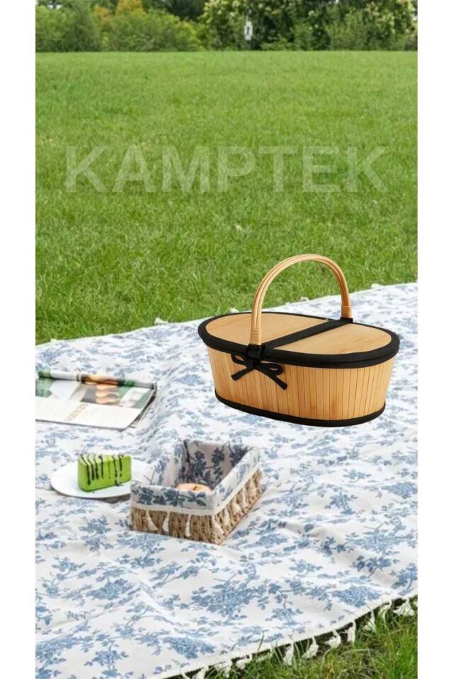 KAMPTEK AHŞAP BAMBU 2'Lİ PİKNİK KAMP SEPETİ BÜYÜK KÜÇÜK BOY 2 ADET