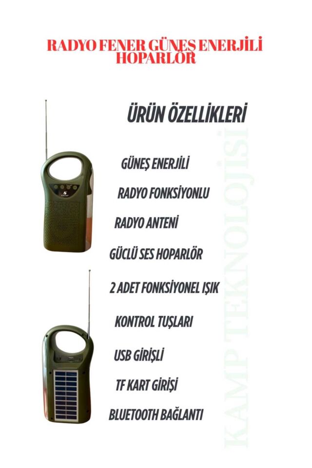 Radyolu Taşınabilir Güneş Enerjili Şarjlı LED Fonksiyonlu Kamp Feneri Hoparlör İki Kademeli Işık