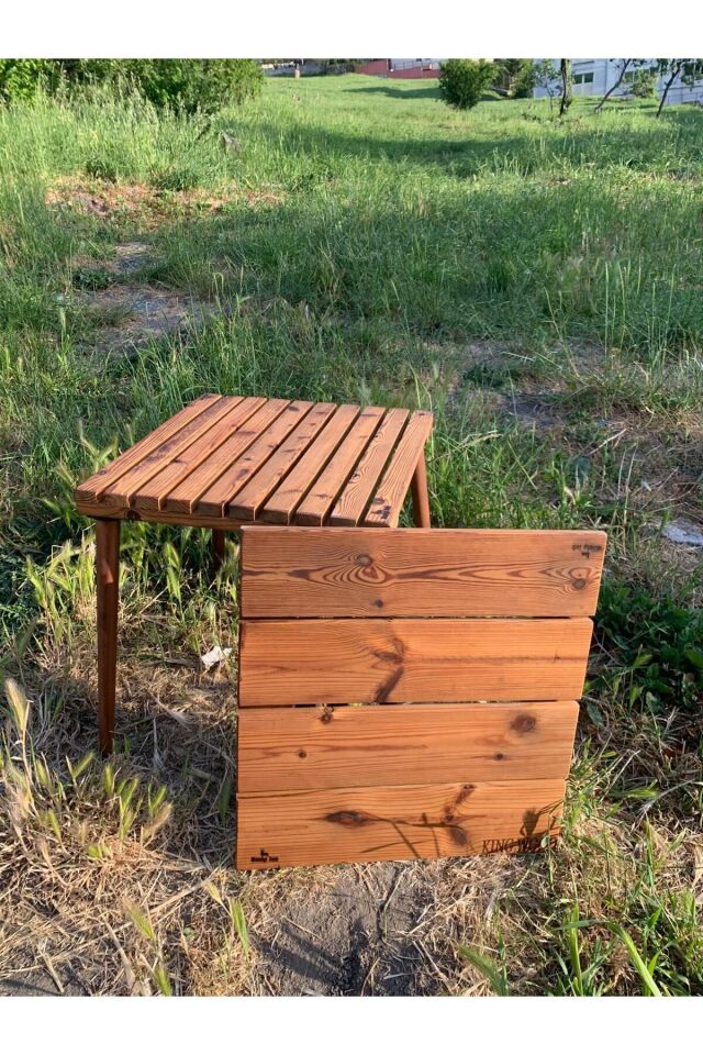 Kamptek Ahşap Atölyesinden Kalın Ahşap Dayanıklı Lüx Konik Ayaklı Kamp Doğa Bahçe Katlanabilir Masa 50*50 cm