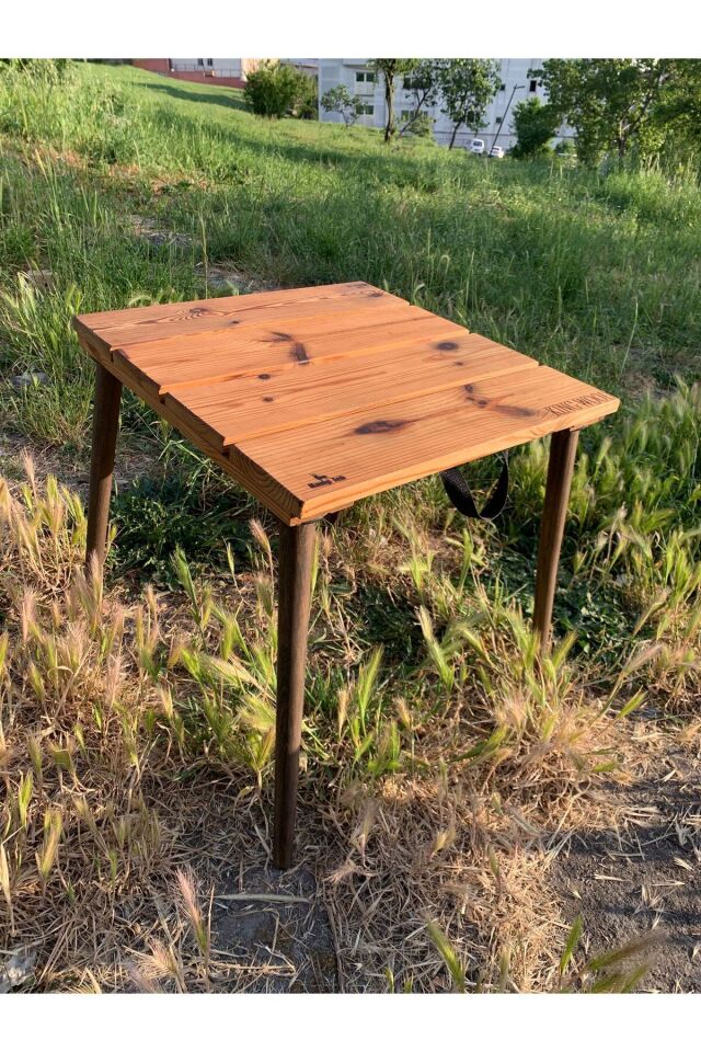 Kamptek Ahşap Atölyesinden Kalın Ahşap Dayanıklı Lüx Konik Ayaklı Kamp Doğa Bahçe Katlanabilir Masa 50*50 cm
