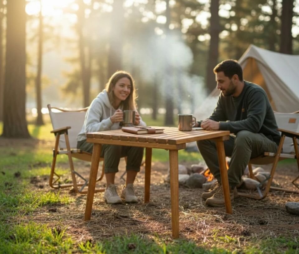 Kamptek Ahşap Atölyesinden Kalın Ahşap Dayanıklı Lüx Konik Ayaklı Kamp Doğa Bahçe Katlanabilir Masa 50*50 cm
