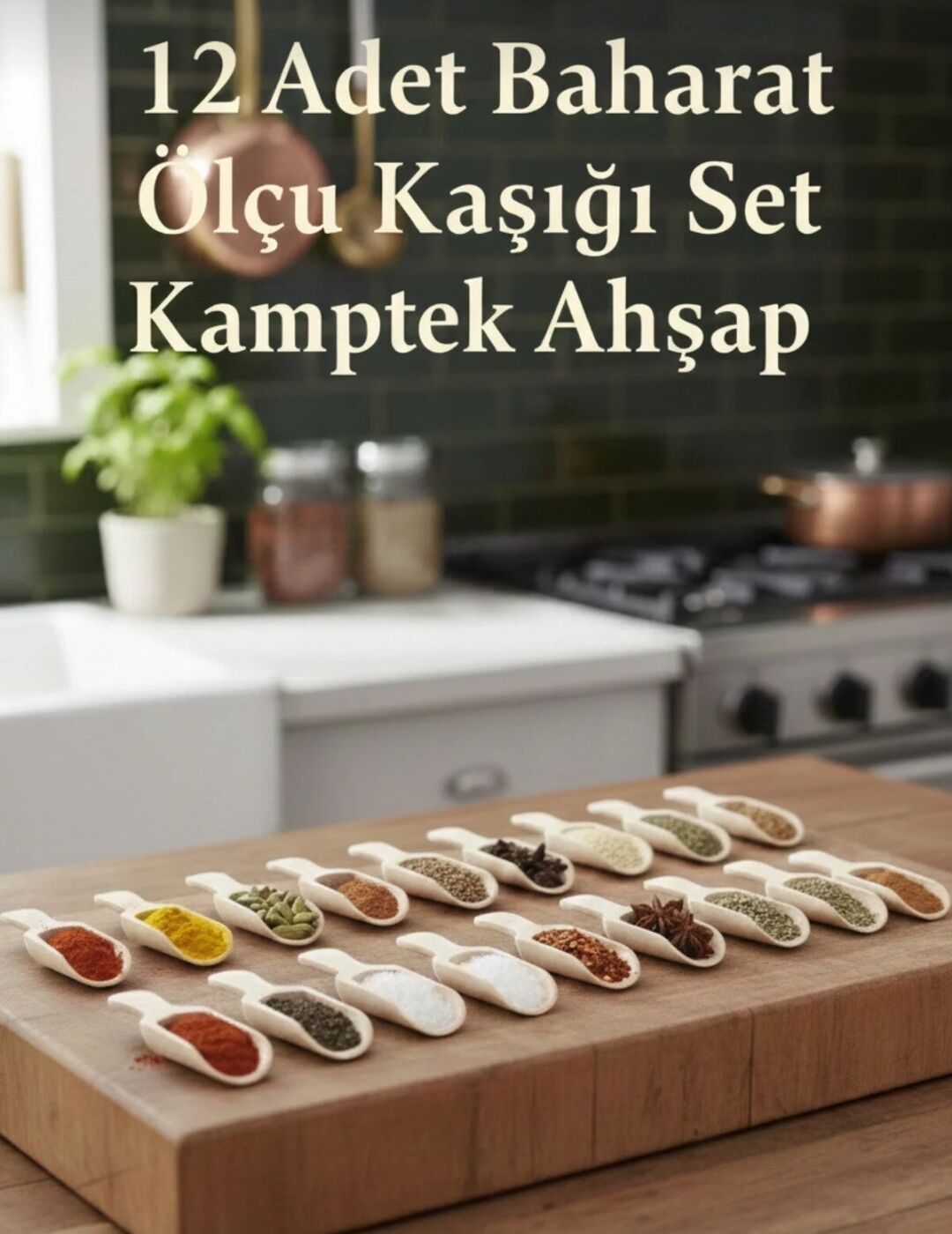 Kamptek Ahşap Baharat Ölçek Kaşığı Kürek Tasarım 12 Adet Küçük Boy