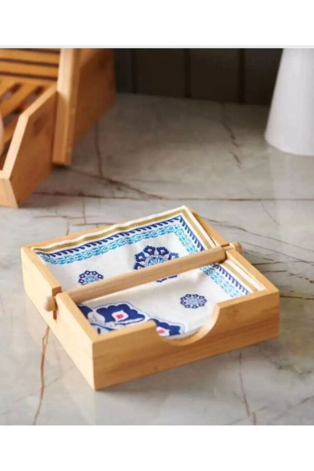 Kamptek Ahşap Kare Bambu Dekor Peçetelik Mutfak Yemek Masası