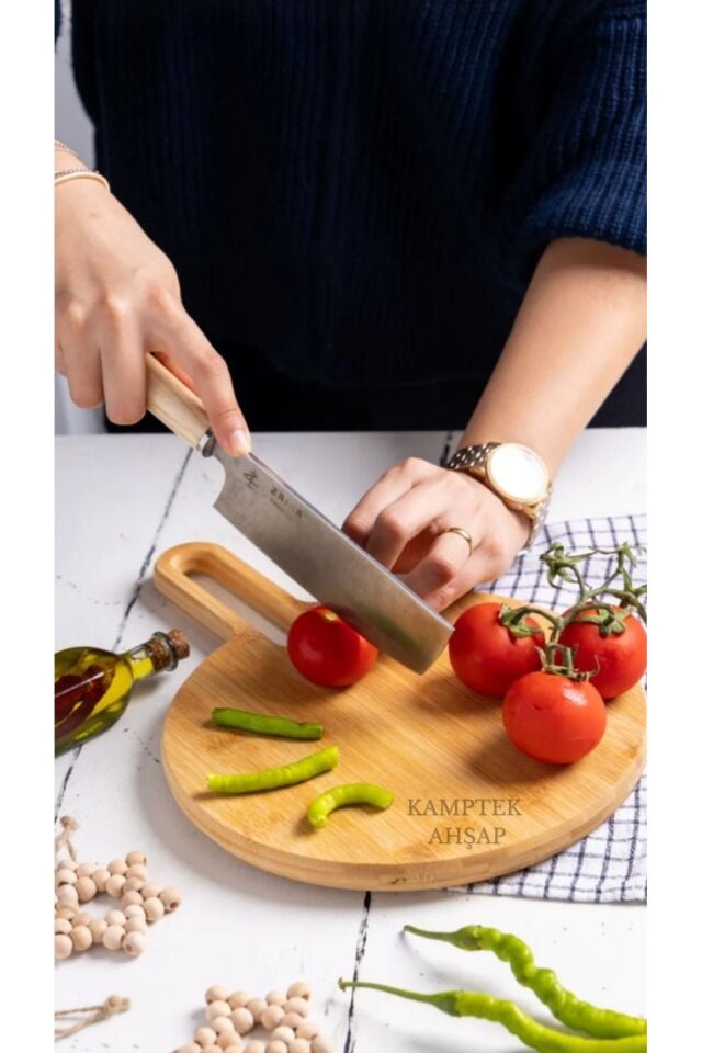 Kamptek Ahşap Bambu Yuvarlak Tasarım Sunum Kesme Tahtası Büyük