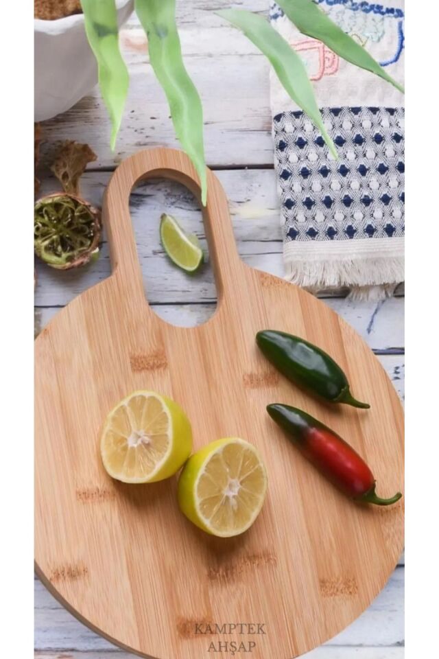 Kamptek Ahşap Bambu Yuvarlak Tasarım Sunum Kesme Tahtası Büyük