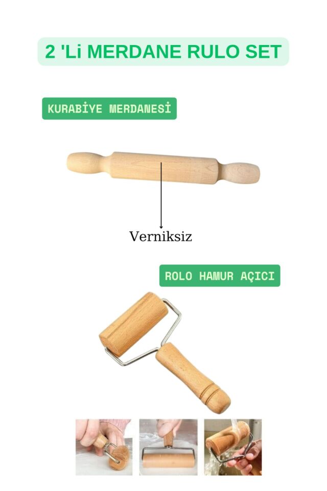 Merdane Set 2'li Rolo Hamur Açıcı Küçük Kurabiye Merdanesi
