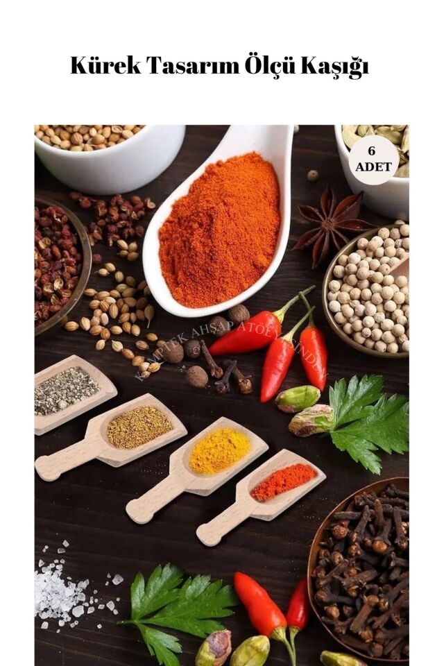 Kamptek Ahşap Baharat Ölçü Kaşığı 6 Adet Set Ahşap Kürek Tasarım