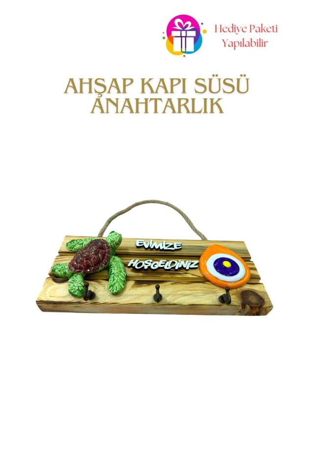 KampTek Ahşap Kapı Duvar Süsü Askı İpli  Anahtarlık Tasarım Kaplumbağa Nazar Boncuğu Görselli