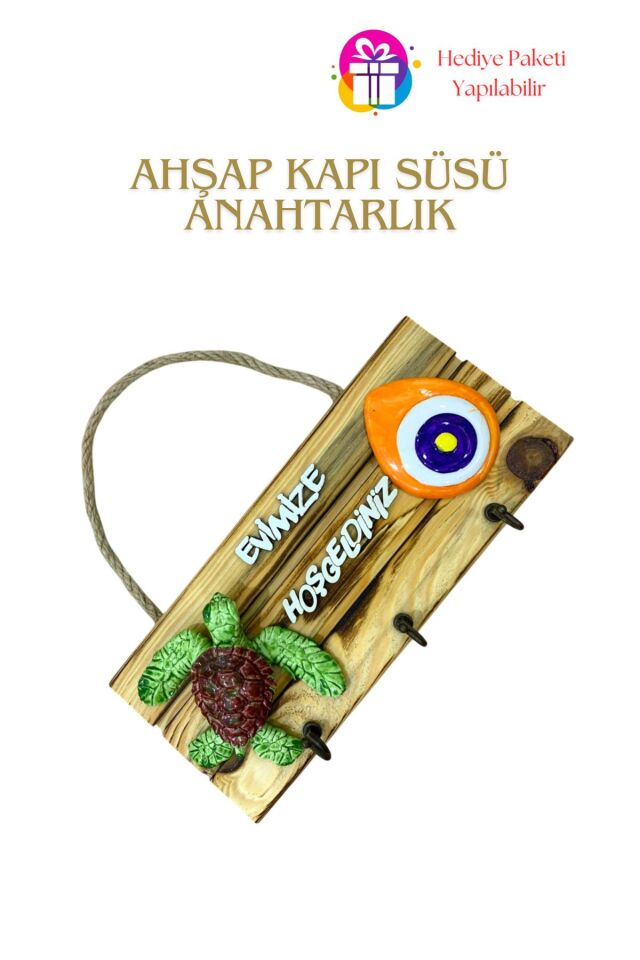 KampTek Ahşap Kapı Duvar Süsü Askı İpli  Anahtarlık Tasarım Kaplumbağa Nazar Boncuğu Görselli