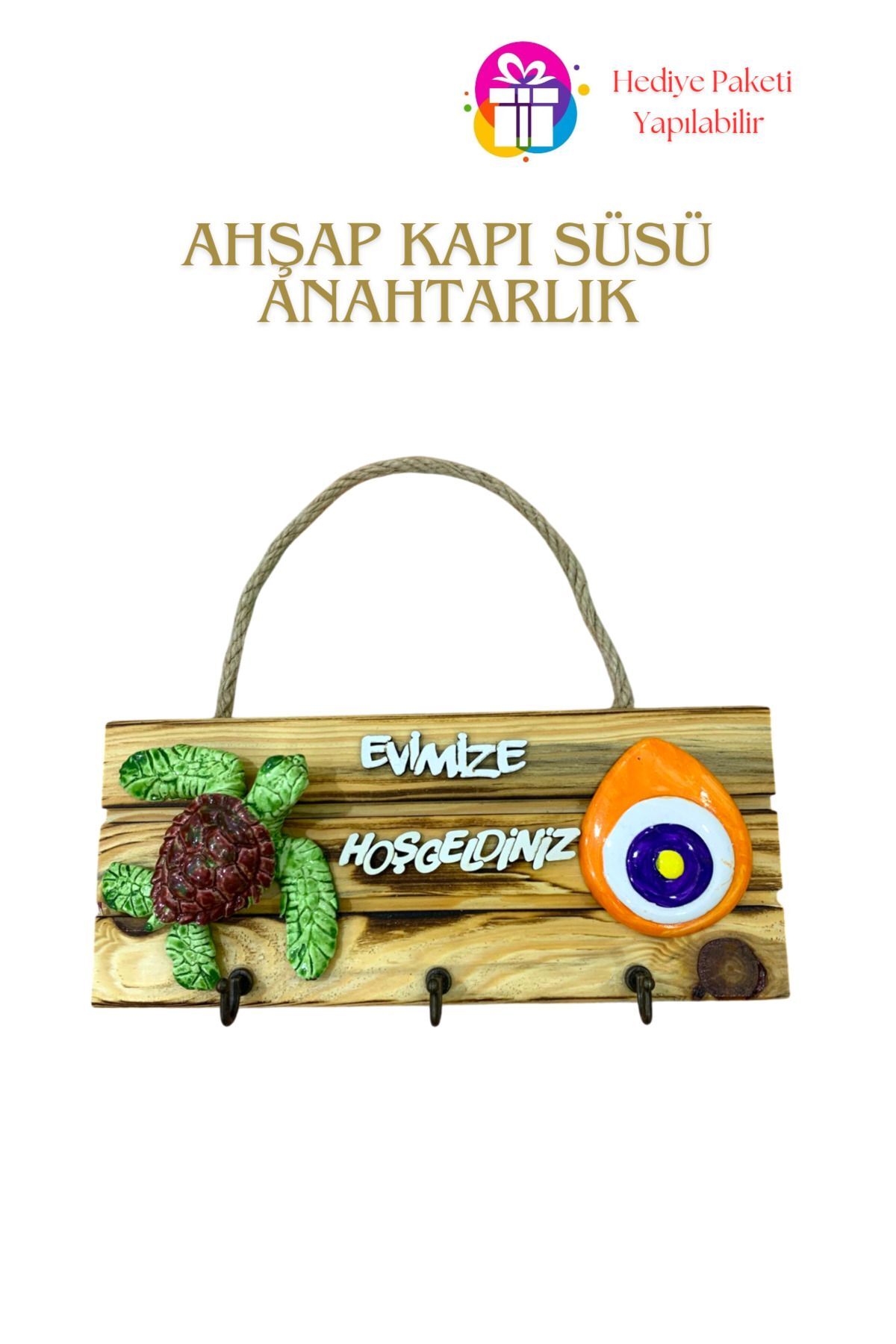 KampTek Ahşap Kapı Duvar Süsü Askı İpli  Anahtarlık Tasarım Kaplumbağa Nazar Boncuğu Görselli