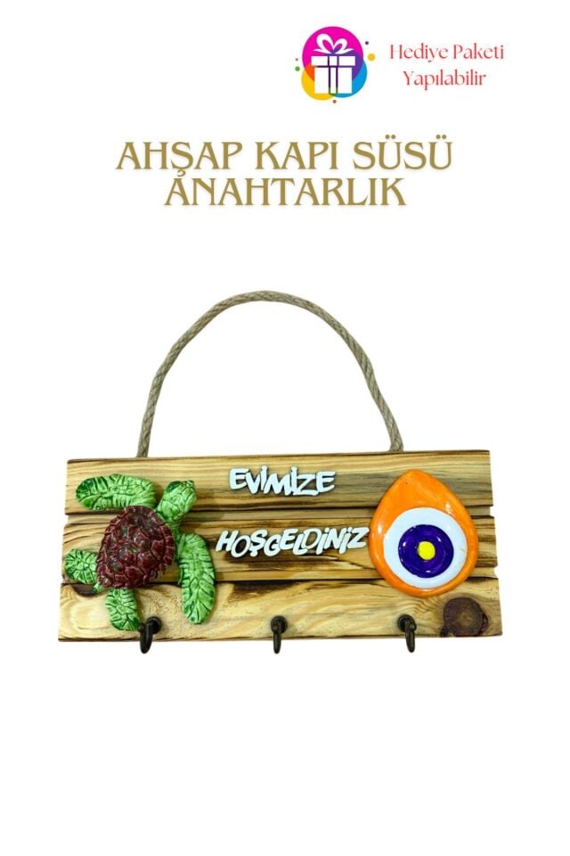 KampTek Ahşap Kapı Duvar Süsü Askı İpli  Anahtarlık Tasarım Kaplumbağa Nazar Boncuğu Görselli