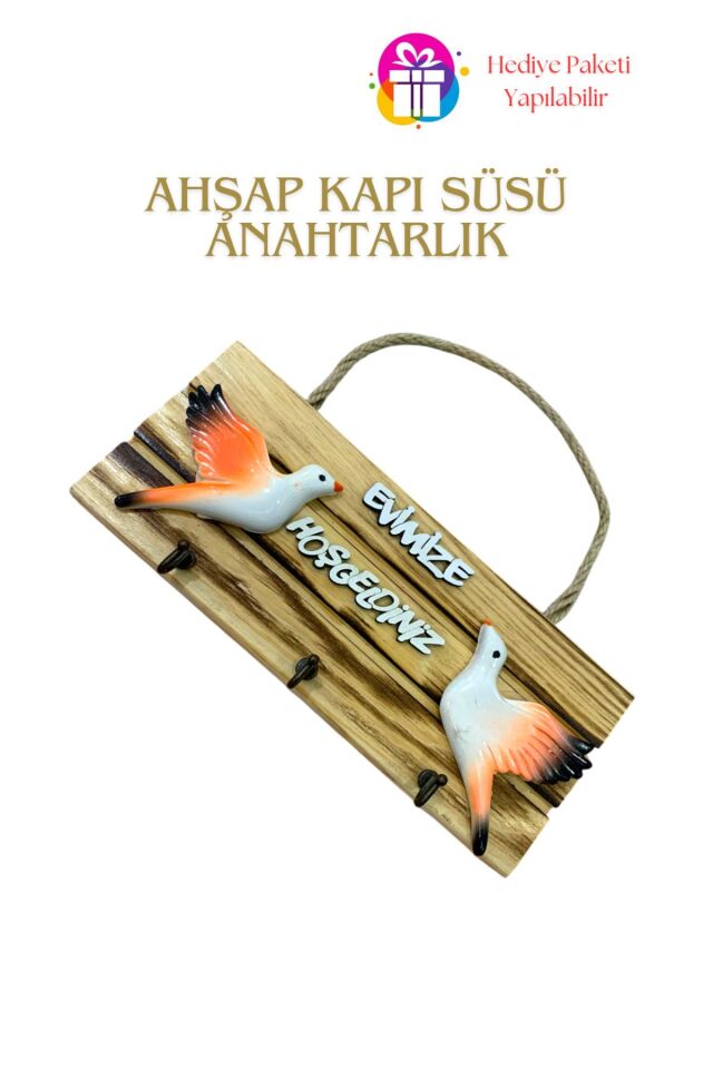 KampTek Ahşap Kapı Duvar Süsü Askı İpli  Anahtarlık Tasarım Kuş Görsel Büyük Kapı Süsü
