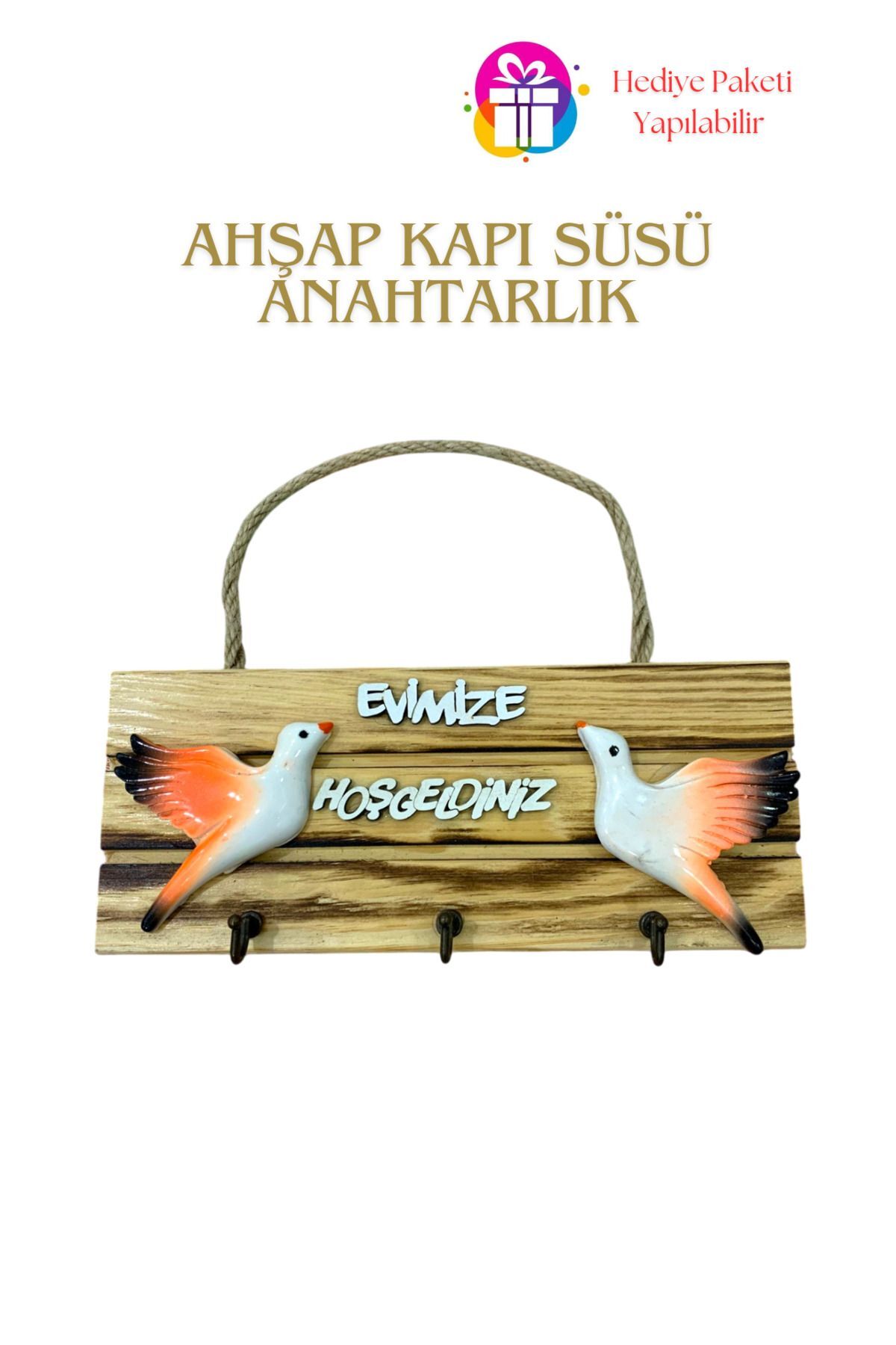 KampTek Ahşap Kapı Duvar Süsü Askı İpli  Anahtarlık Tasarım Kuş Görsel Büyük Kapı Süsü