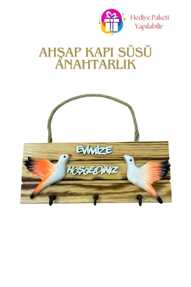 KampTek Ahşap Kapı Duvar Süsü Askı İpli  Anahtarlık Tasarım Kuş Görsel Büyük Kapı Süsü