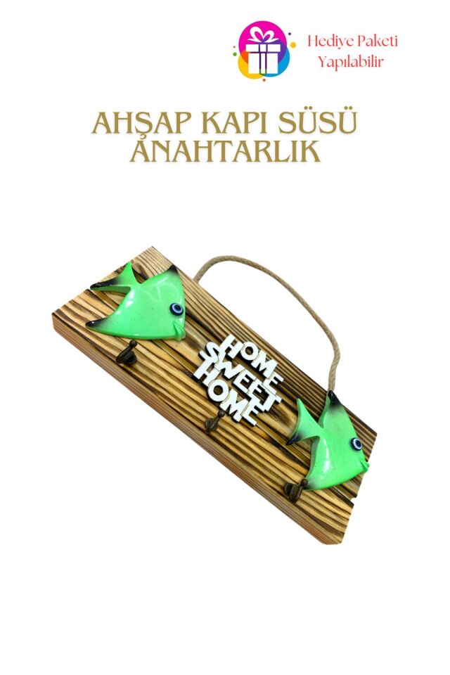 KampTek Ahşap Kapı Duvar Süsü Askı İpli  Anahtarlık Tasarım Balık Görsel Home Swet Home Yazılı
