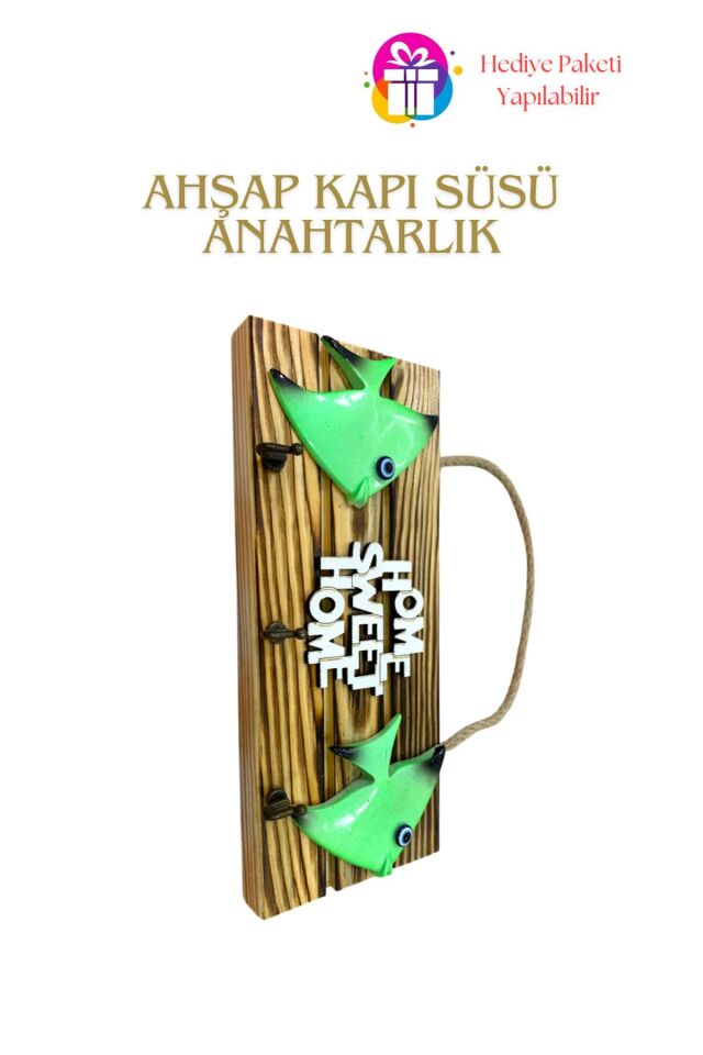 KampTek Ahşap Kapı Duvar Süsü Askı İpli  Anahtarlık Tasarım Balık Görsel Home Swet Home Yazılı
