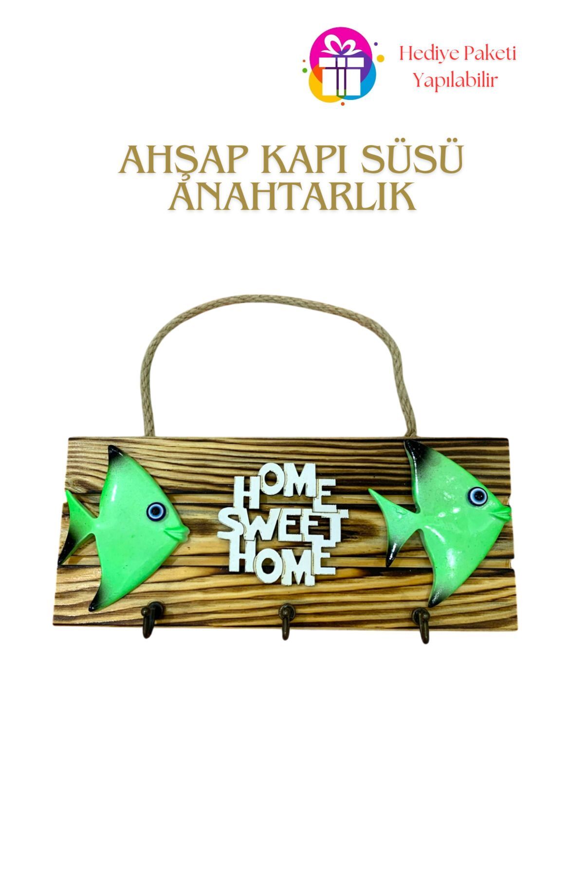KampTek Ahşap Kapı Duvar Süsü Askı İpli  Anahtarlık Tasarım Balık Görsel Home Swet Home Yazılı