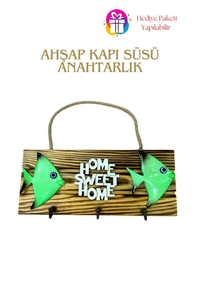 KampTek Ahşap Kapı Duvar Süsü Askı İpli  Anahtarlık Tasarım Balık Görsel Home Swet Home Yazılı