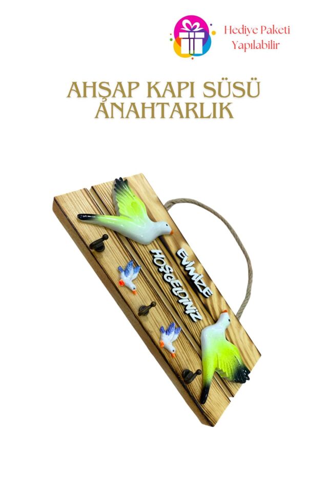KampTek Ahşap Kapı Duvar Süsü Askı İpli  Anahtarlık Tasarım Kuş Görselli Evimize Hoşgeldiniz
