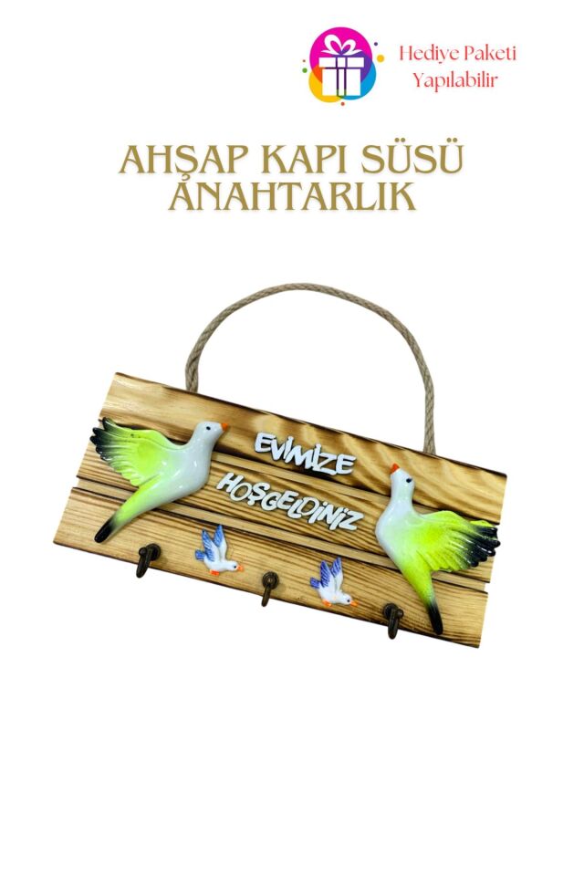 KampTek Ahşap Kapı Duvar Süsü Askı İpli  Anahtarlık Tasarım Kuş Görselli Evimize Hoşgeldiniz