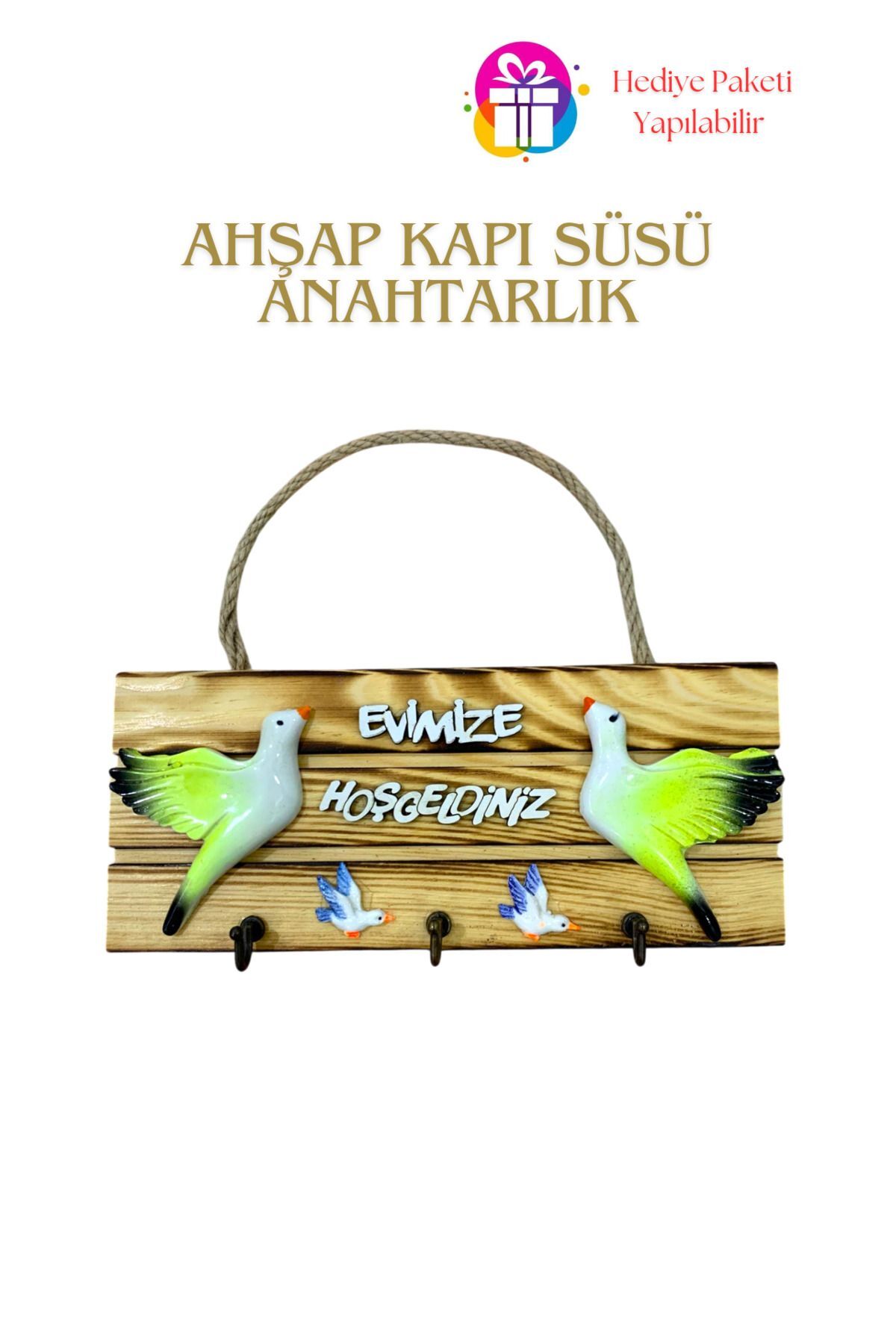 KampTek Ahşap Kapı Duvar Süsü Askı İpli  Anahtarlık Tasarım Kuş Görselli Evimize Hoşgeldiniz