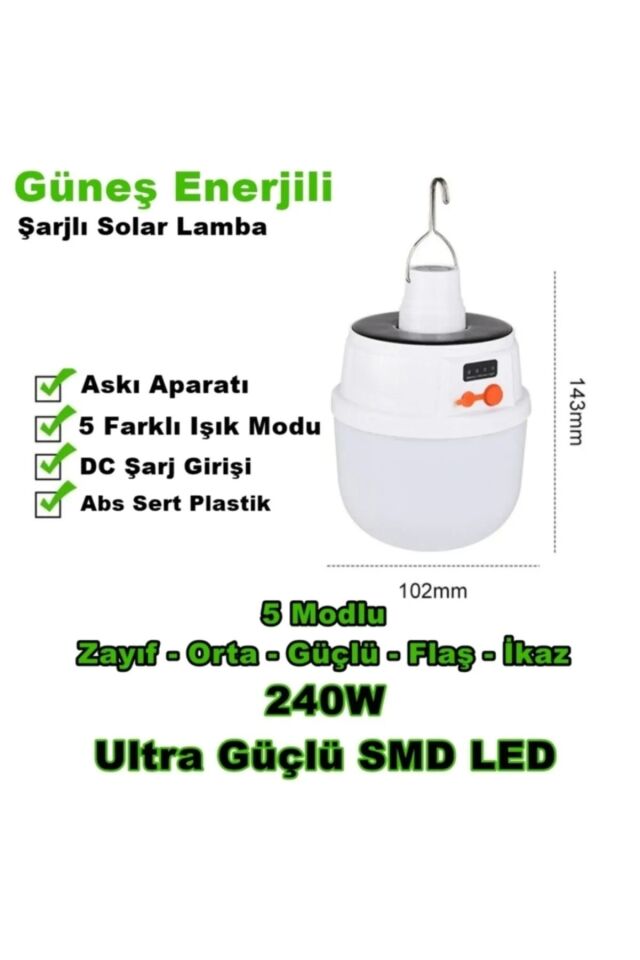 Güneş Enerjili Fonksiyonlu Kamp Doğa  Çadır Dış Mekan Lambası 240W Asma Aparatlı