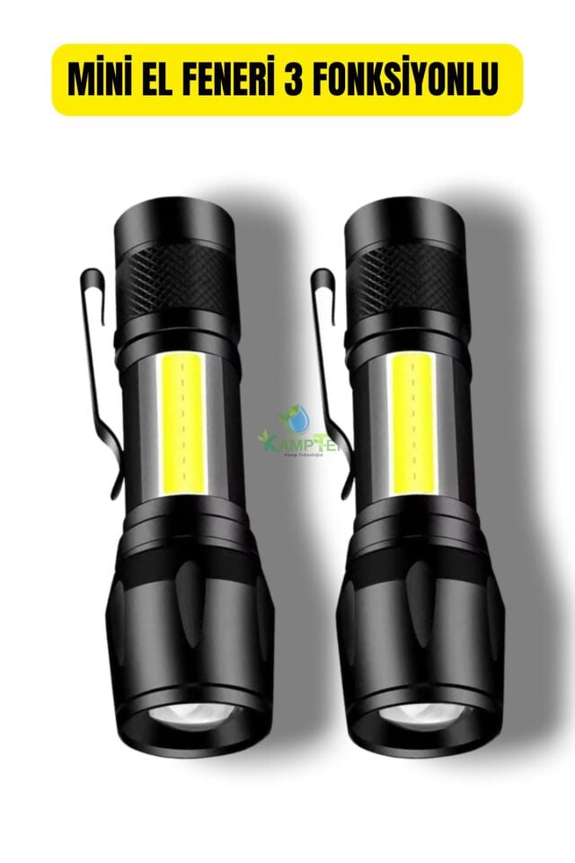 Mini Led  Güçlü Metal Gövde 3 Fonksiyonlu Kamp Avcılık Deprem Çantalık El Feneri  2li Set