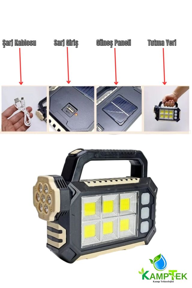 3 Fonksiyonlu Powerbank Özellikli Güneş Panelli Ultra Güçlü Sarjlı İşıldak Fener