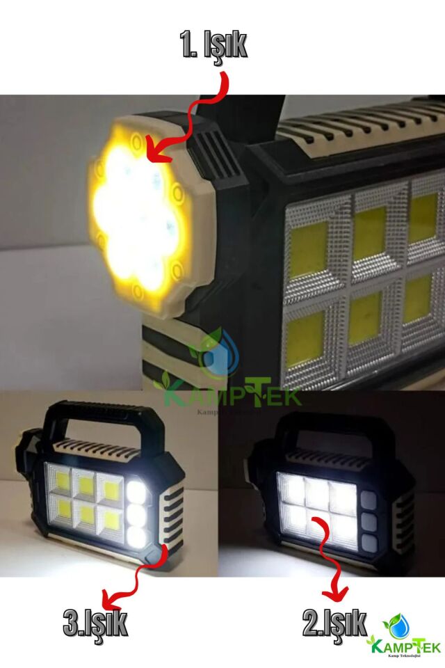 3 Fonksiyonlu Powerbank Özellikli Güneş Panelli Ultra Güçlü Sarjlı İşıldak Fener