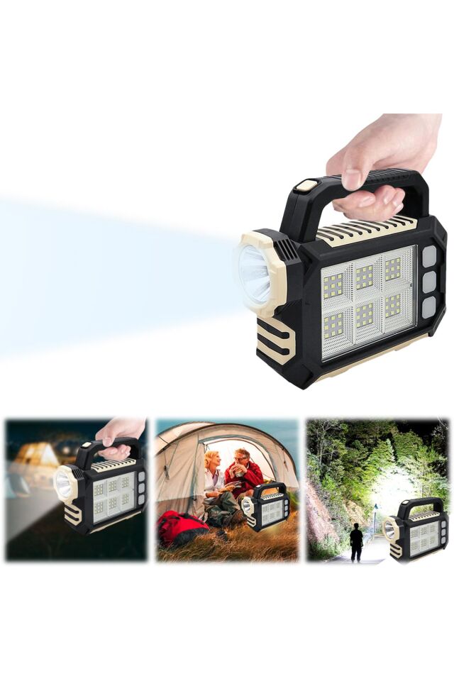 3 Fonksiyonlu Powerbank Özellikli Güneş Panelli Ultra Güçlü Sarjlı İşıldak Fener