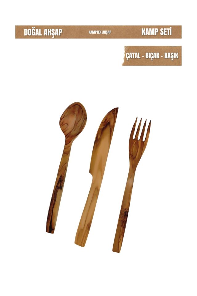 KampTek Ahşap Kamp Doğa Seti Zeytin Ağacı  Kaşık Çatal Bıçak 3'lü Set