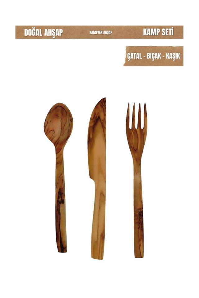 KampTek Ahşap Kamp Doğa Seti Zeytin Ağacı  Kaşık Çatal Bıçak 3'lü Set