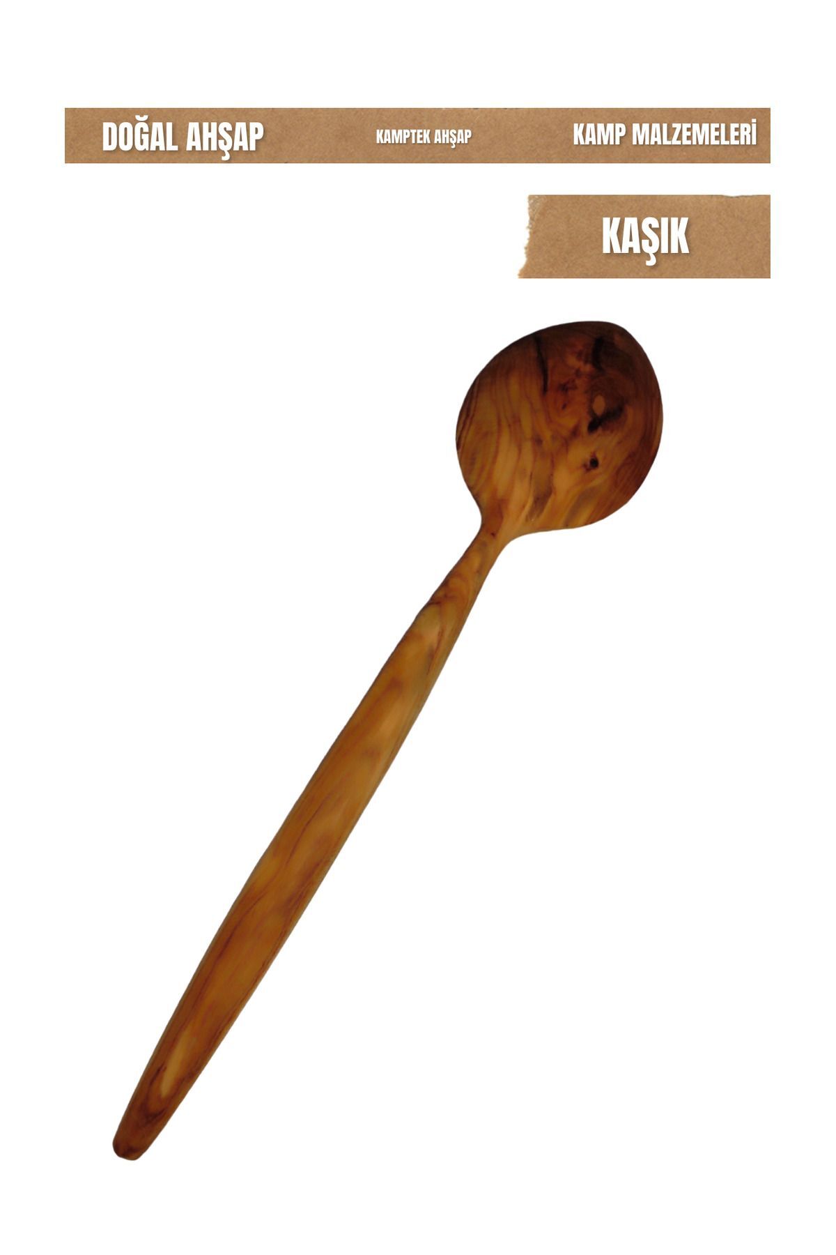 KampTek Ahşap Zeytin Ağacından Büyük Boy Yemek Kaşığı 29 cm