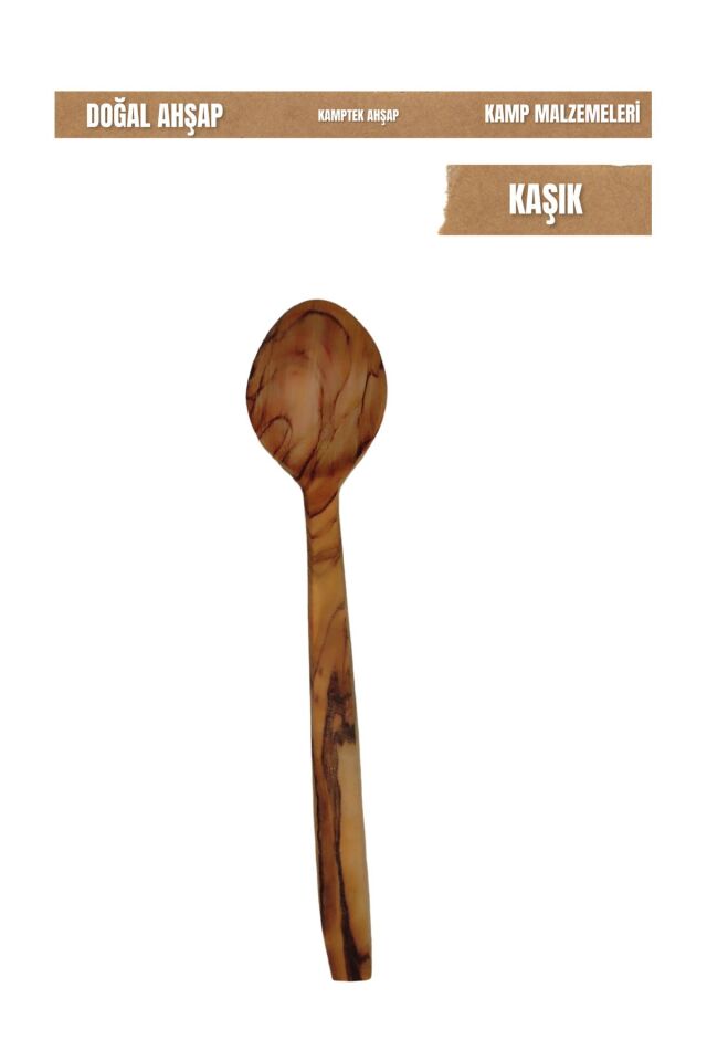 KampTek Ahşap Zeytin Ağacından Kaşık Küçük Boy Yemek Mama Kaşığı 18 cm