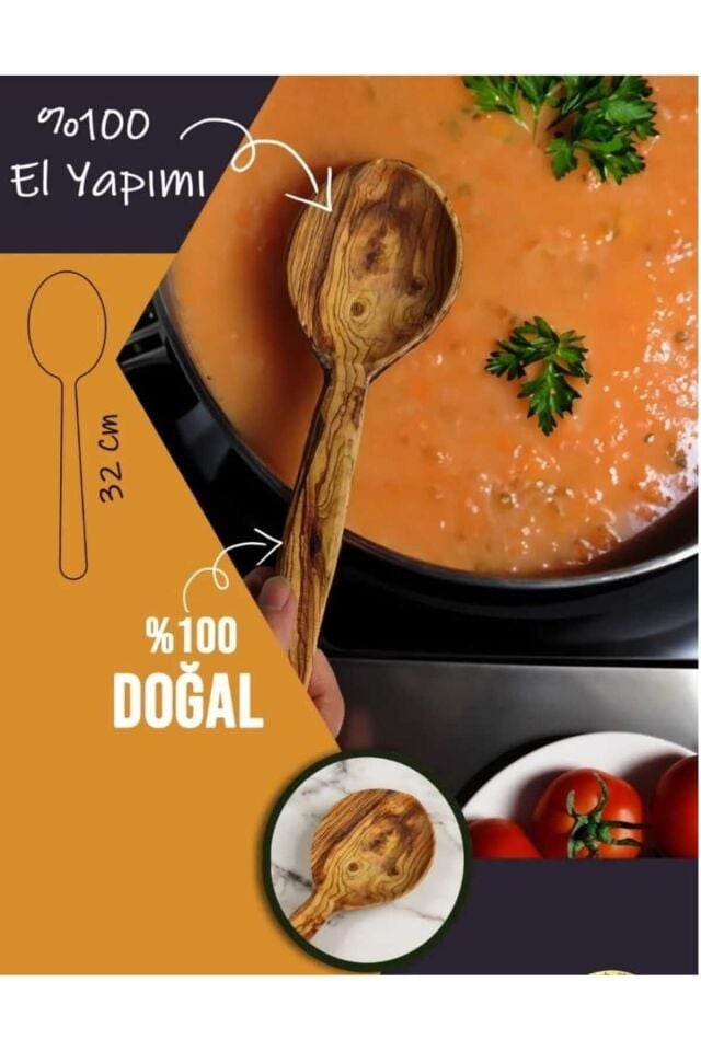Kamp Tek Ahşap Doğal Zeytin Ağacından Üretilmiş Kaşık Büyük Kaşık