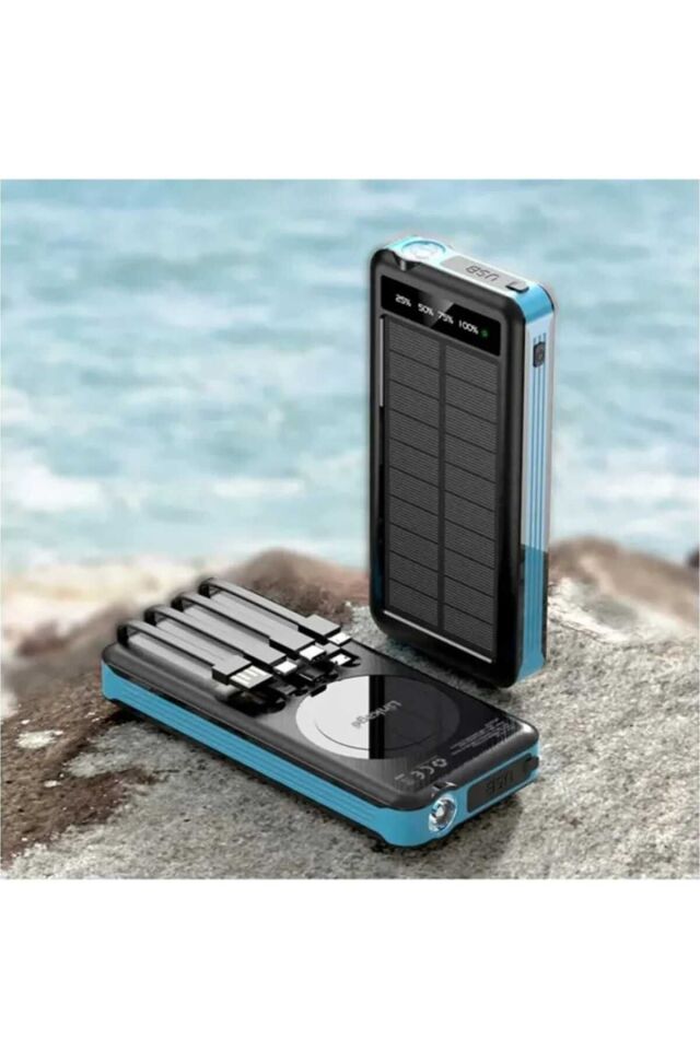 SOLAR POWERBANK GÜNEŞ ENERJİ PANELLİ 10000MAH KENDİNDEN KABLO ÇIKIŞLI LED IŞIKLI  POWERBANK