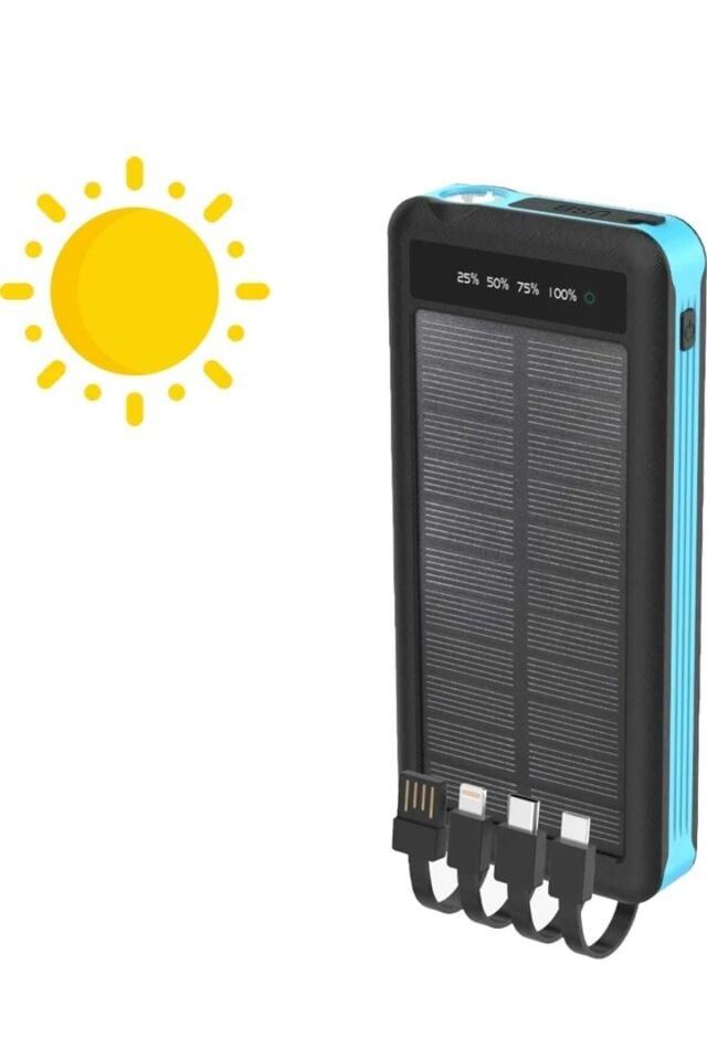 SOLAR POWERBANK GÜNEŞ ENERJİ PANELLİ 10000MAH KENDİNDEN KABLO ÇIKIŞLI LED IŞIKLI  POWERBANK
