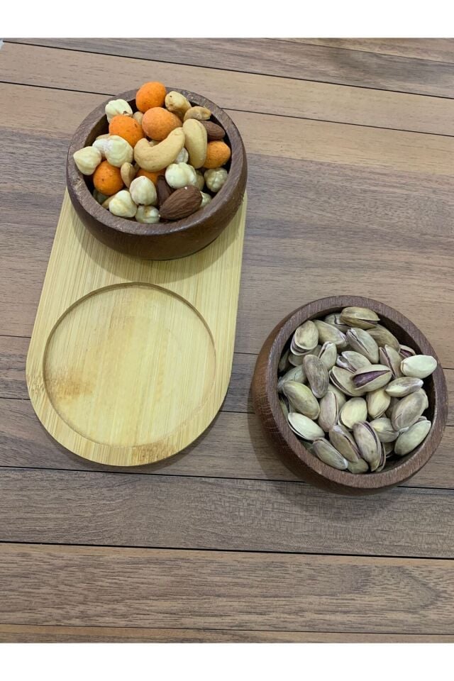 Kamptek Tasarım Ahşap Sunumluk Bambu Kahve Çerezlik Oval Sunumluk Kase