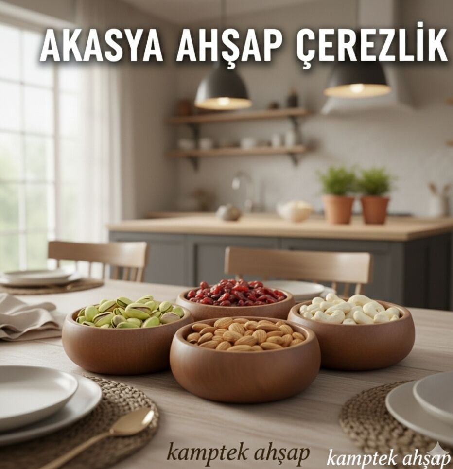 Kalitesiyle Ahşap Küçük Boy Tasarım Organik Çerezlik Kase 4 Adet Set Halinde