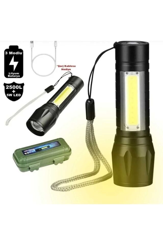 Mini Ultra Güçlü 2500 Lumen 5w Cob Led Usb Şarjlı El Feneri Polis - Bekçi - Jandarma El Feneri Mini