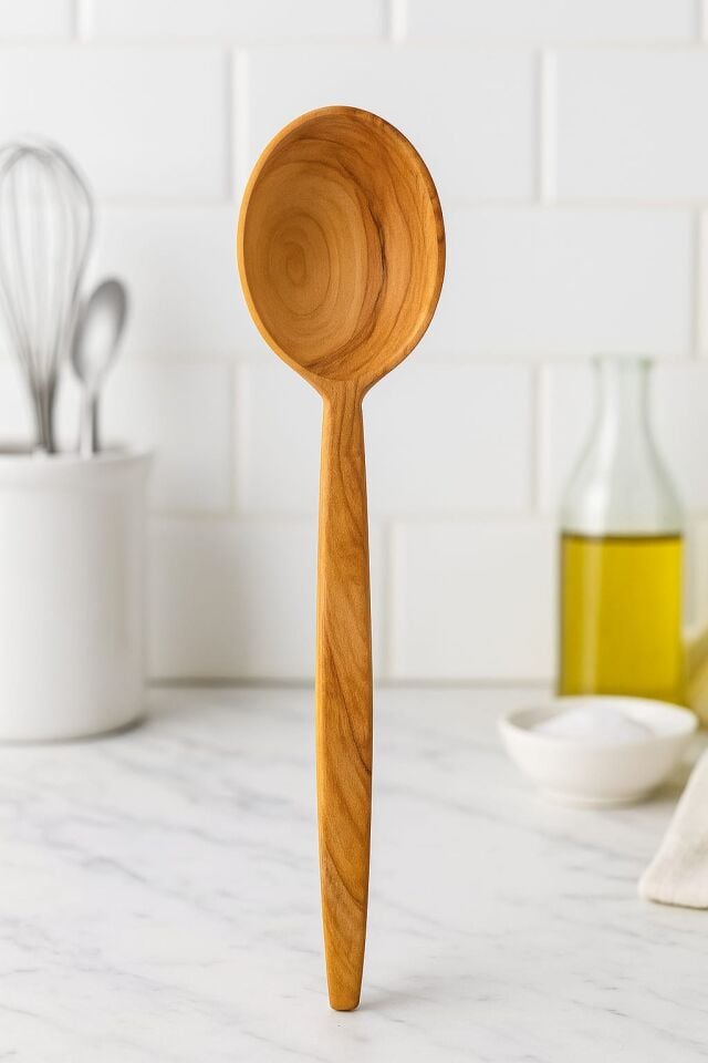 Zeytin Ağacı %100 Doğal El Yapımı Tahta Kaşık  29 cm 1 Parça Ahşap Yemek Servis Kaşığı