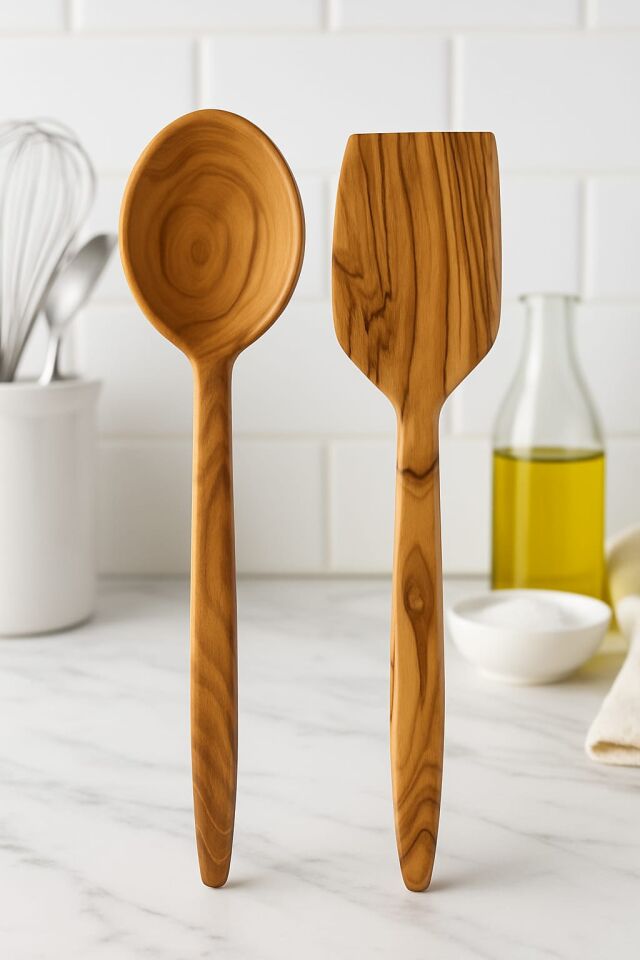 Zeytin Ağacı %100 Doğal El Yapımı Tahta Kaşık Spatula 1 Parça Ahşap Yemek Servis 1 Adet Kaşık 29 cm