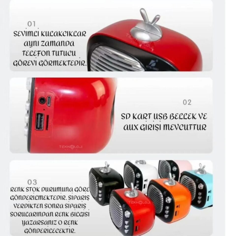 Mini Hoparlör Wintage Tasarım Radyo Taşınabilir Ses Bombası Pembe