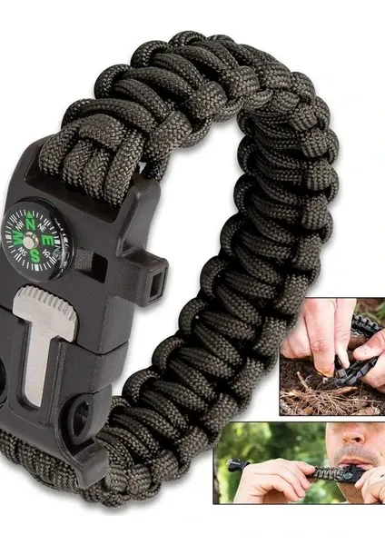 Hayatta Kalma Bilekliği, Pusula, Çakmak, Ateşten Başlama Kazıyıcı, Düdük ve Ekipman – Çok Fonksiyonlu Açık Hava İçin Uygun, Paraşüt İpi, Doğa Yürüyüşü, Kamp, Acil Durum için (Ordu Yeşili, Siyah)