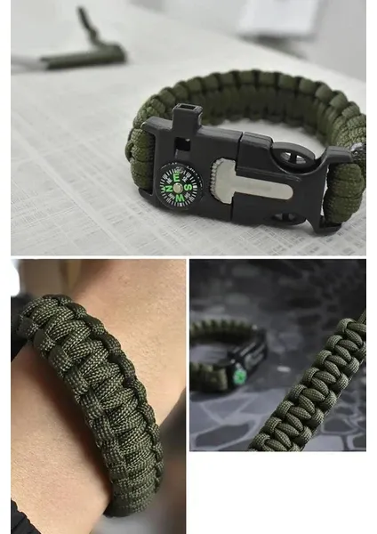 Hayatta Kalma Bilekliği, Pusula, Çakmak, Ateşten Başlama Kazıyıcı, Düdük ve Ekipman – Çok Fonksiyonlu Açık Hava İçin Uygun, Paraşüt İpi, Doğa Yürüyüşü, Kamp, Acil Durum için (Ordu Yeşili, Siyah)