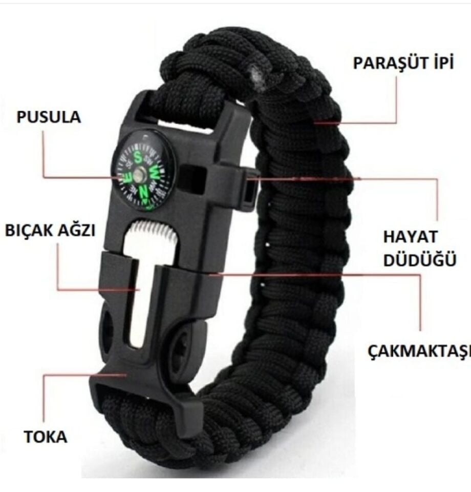 Hayatta Kalma Bilekliği, Pusula, Çakmak, Ateşten Başlama Kazıyıcı, Düdük ve Ekipman – Çok Fonksiyonlu Açık Hava İçin Uygun, Paraşüt İpi, Doğa Yürüyüşü, Kamp, Acil Durum için (Ordu Yeşili, Siyah)