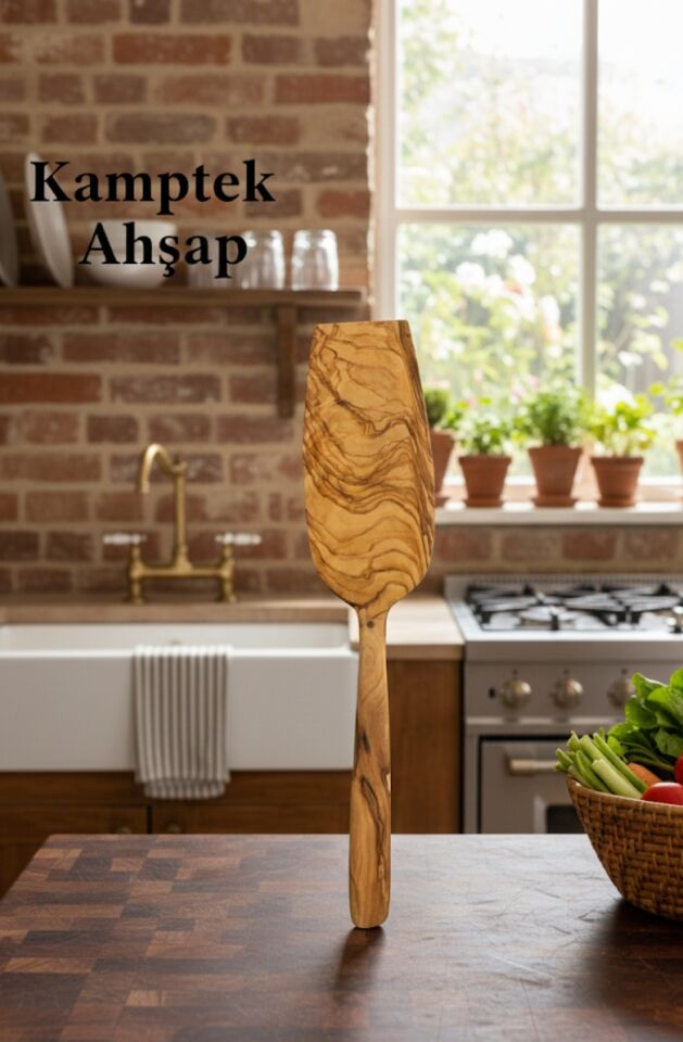 Kamptek Ahşap Doğal Zeytin Ağacından Büyük Geniş Spatula 31 cm