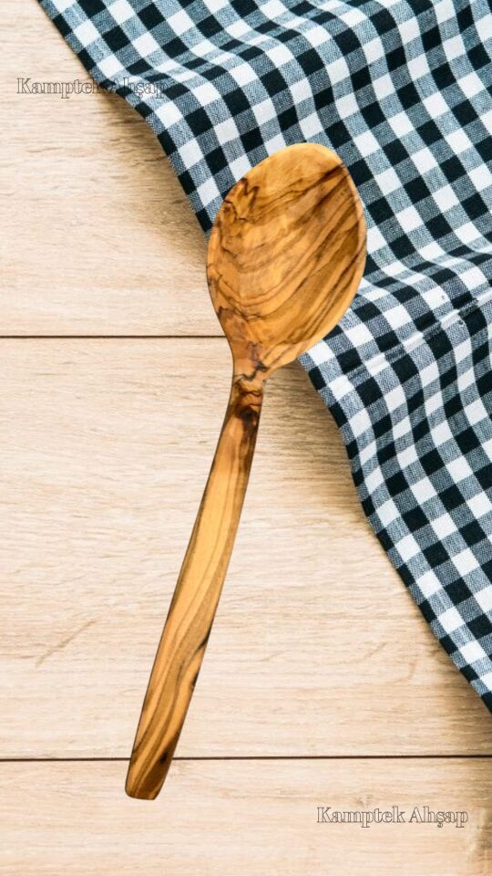 Kamptek Ahşap Doğal Zeytin Ağacından Büyük Yemek Karıştırma Kaşığı 29 cm